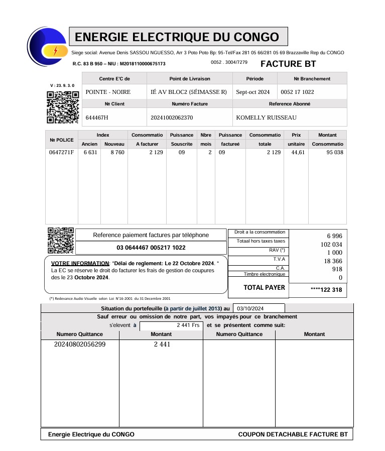 Congo Energie Electrique Du utility bill